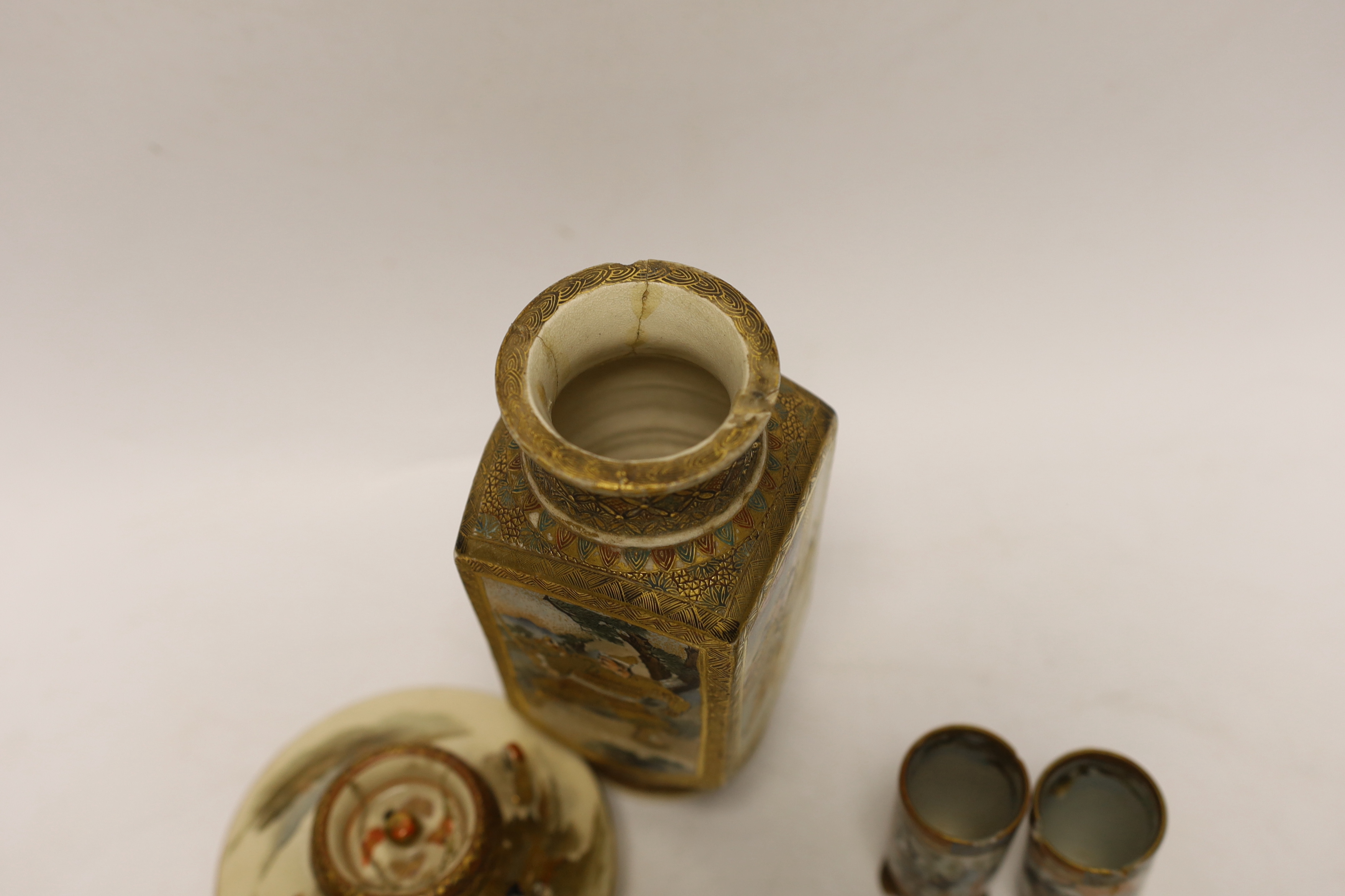 A Japanese Satsuma teapot and three vases, tallest, 15cm high